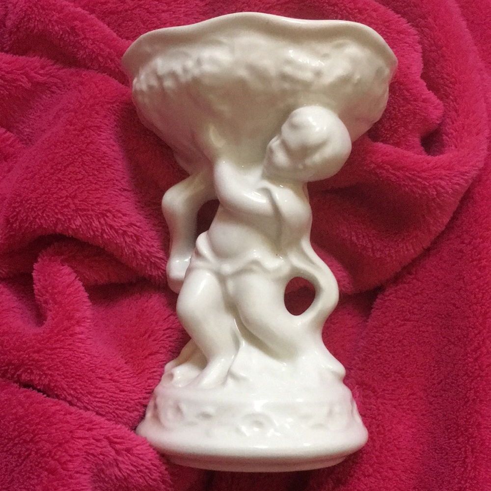 VTG White Ceramic Cherub Pedestal Figurine Bowl Trinket Dish England Signed